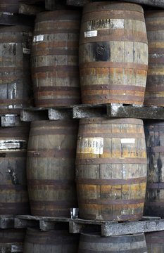 wooden barrels stacked in the distillery
