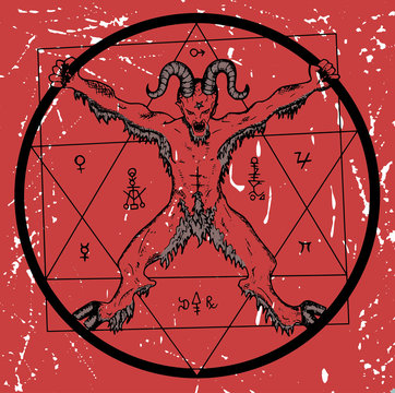 Devil with pentagram on red textured background