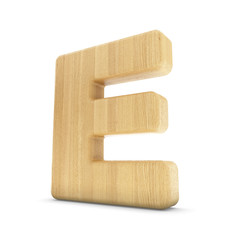 3d wood material E letter isolated white background.