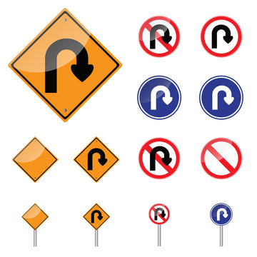 Traffic sign. Prohibition Sign U-turn set . Vector illustrations