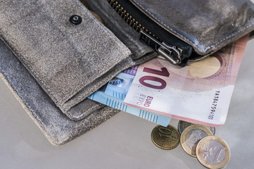 Euro bills and coins in vintage wallet