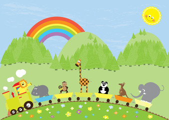 Obraz na płótnie Canvas Nice cartoon train with wild animals and colorful background with blue sky, sun, rainbow and green mountains
