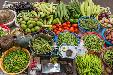 Various of vegetables at the street market in Mumbai, India
