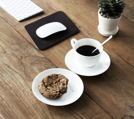 Coffee Cookie Keyboard Mouse Wooden Plant Concept