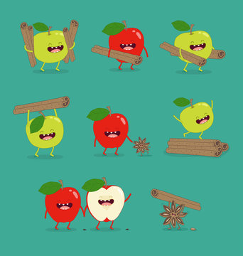 Funny set apple and cinnamon stick. Use for card, poster, banner, web design and print on t-shirt. Easy to edit. Vector illustration.