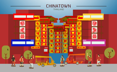 Chinatown in Thailand,Bangkok with people and tuk tuk flat