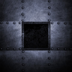 grunge metal plate and grid window. 3d illustration.