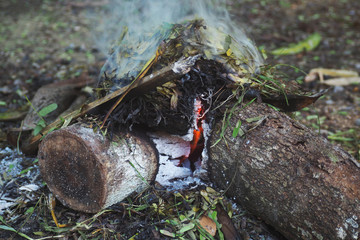 Kindle fire with firewood and grass