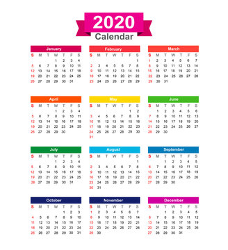 2020  Year calendar isolated on white background vector illustra