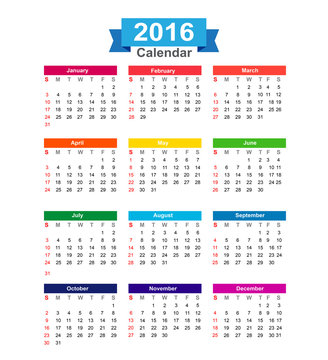 2016 Year calendar isolated on white background vector illustrat