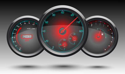 Speedometer, tachometer, fuel and temperature gauge on a black background