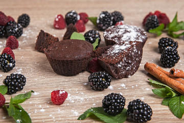 chocolate fondant with fresh berries and mint