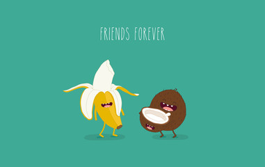 Funny picture. Banana with coconut. Vector illustrations.