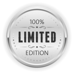 Silver limited edition button, badge on white background