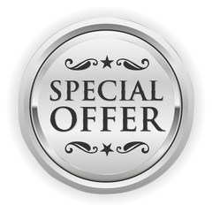 Silver special offer button, badge on white background