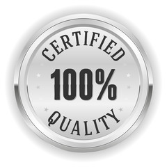 Silver certified quality button, badge on white background
