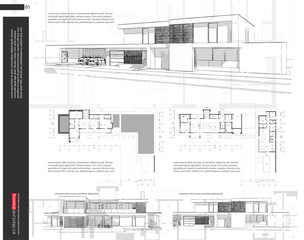 Wireframe blueprint drawing of 3D building, house. Vector architectural template background.