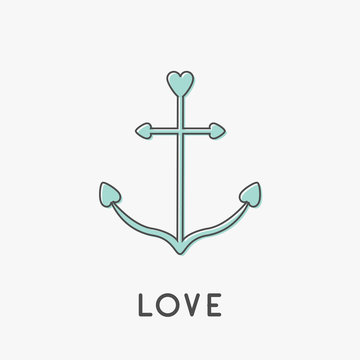 Anchor ship thin line icon in shapes of heart. Nautical sign symbol. Blue color. Love greeteng card. Isolated White background. Flat design