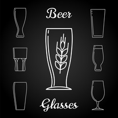 Line beer glasses icons vector and branch of rye on blackboard