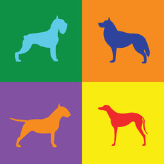 Four different dog silhouette on colored background
