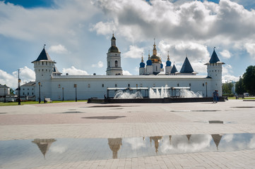 Tobolsk, Russia - July 15, 2016: Kremlin complex. Fountain, Guests Yard and St Sophia-Assumption Cathedral after rain. 1587 foundation year