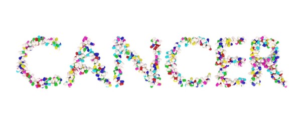 3d illustration of CANCER word from colored pills or capsules