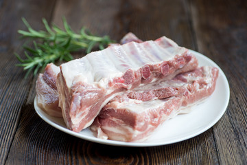 Close up Raw Pork Rib meat on white dish