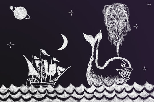 Funny chalk drawing on blackboard with sailing ship and whale 2