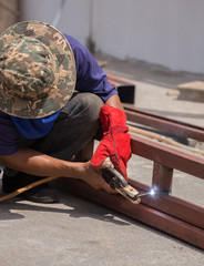 Welder working a welding metal.