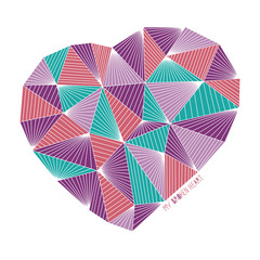 My broken heart illustration. T-shirt concept. Valentine's Day background. Geometric heart. Abstract heart made of triangles. For printing on fabric.