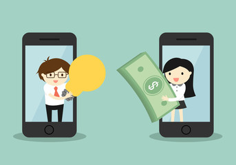 Business concept, businessman and business woman exchanging money for idea via smartphone. Vector illustration.