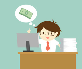 Business concept, businessman sitting on his desk and thinking about money. Vector illustration.