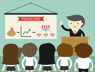 Business concept, Businessman giving presentation about franchise business. Vector illustration.