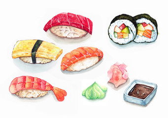 Sushi Set, watercolor painting isolated on white background