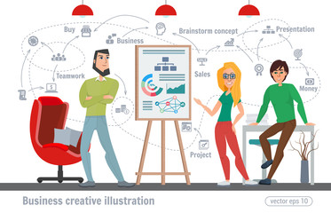 Business creative illustration. Women and man. Businessman character office worker professional