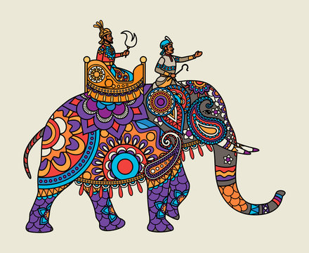 Indian ornate maharajah on the elephant. Vector illustration