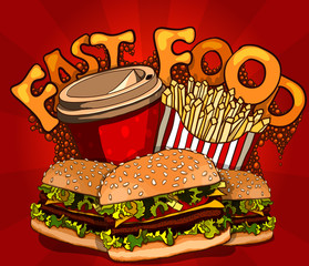 fast food banner with cola, hamburger and fries
