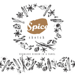 Flavour spices sketch food round frame and seamless ribbon. Vector isolated elements: cinnamon,