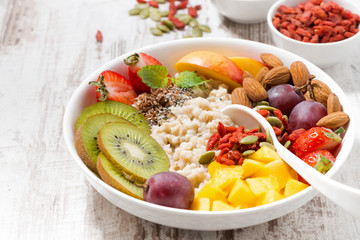 oatmeal porridge with fresh fruits and superfoods 