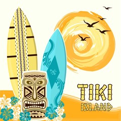 Tiki island background with surf boards