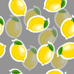 Pattern. lemon and leaves same sizes on gray background. Transparency lemon.