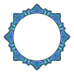 round frame with hand drawn watercolor doodles. blue tribal ethnic background with space for text