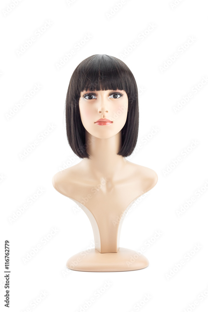 Wall mural mannequin head fake with bobbed hair wig on white background