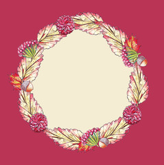 Square illustration with leaves and flowers in red and yellow autumn colors on bright background. Image contains large circle text holder in the center. Herbs are hand drawn with pencils