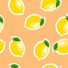 Pattern. lemon and leaves same sizes on orange background.