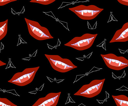 Vector Halloween seamless pattern with smiling vampire lips and flying handdrawn bats