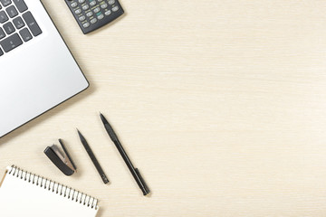 Office desk table with supplies. Top view. Copy space for text