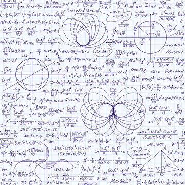 Math vector seamless texture with various mathematical signs, calculations, formulas, equations, figures. Algebraic endless pattern, handwritten on a grid copybook paper