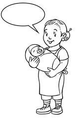 Funny mother or nanny with baby. Coloring book.