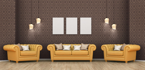 Interior room with a sofa, armchairs and a blank picture on the